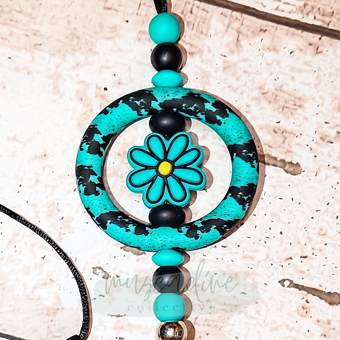 Turquoise Cow Print Rear View Mirror Charm, Hanging Car Diffuser, Beaded Car Diffuser, Fragrance Diffuser, Car Air Freshener, Just Add Oils