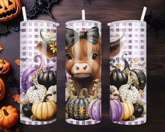 Highland Cow Halloween Tumbler With Straw, 20oz Stainless Steel Tumbler, Pumpkin Patch, Fall Cow, Cow Gifts For Her, Gift For Mom, Autumn