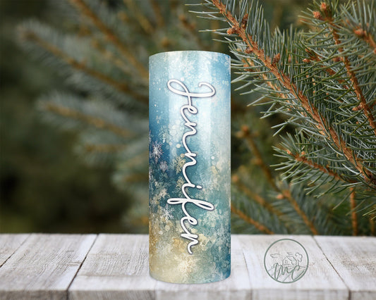 20oz Personalized Tumbler With Lid and Straw, Snowflake Tumbler, Blue Winter Wonderland, Tumbler Gift, Christmas Gift, Blue Gold, Blue Snow