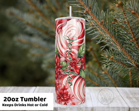 20oz Personalized Tumbler With Lid and Straw, Christmas Candy Cane Tumbler, Christmas Gift For Her, Coffee Tumbler Personalized, Drinkware
