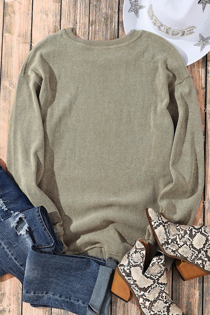 Khaki Solid Ribbed Knit Round Neck Pullover Sweatshirt