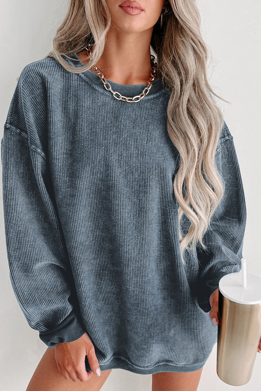 Khaki Solid Ribbed Knit Round Neck Pullover Sweatshirt