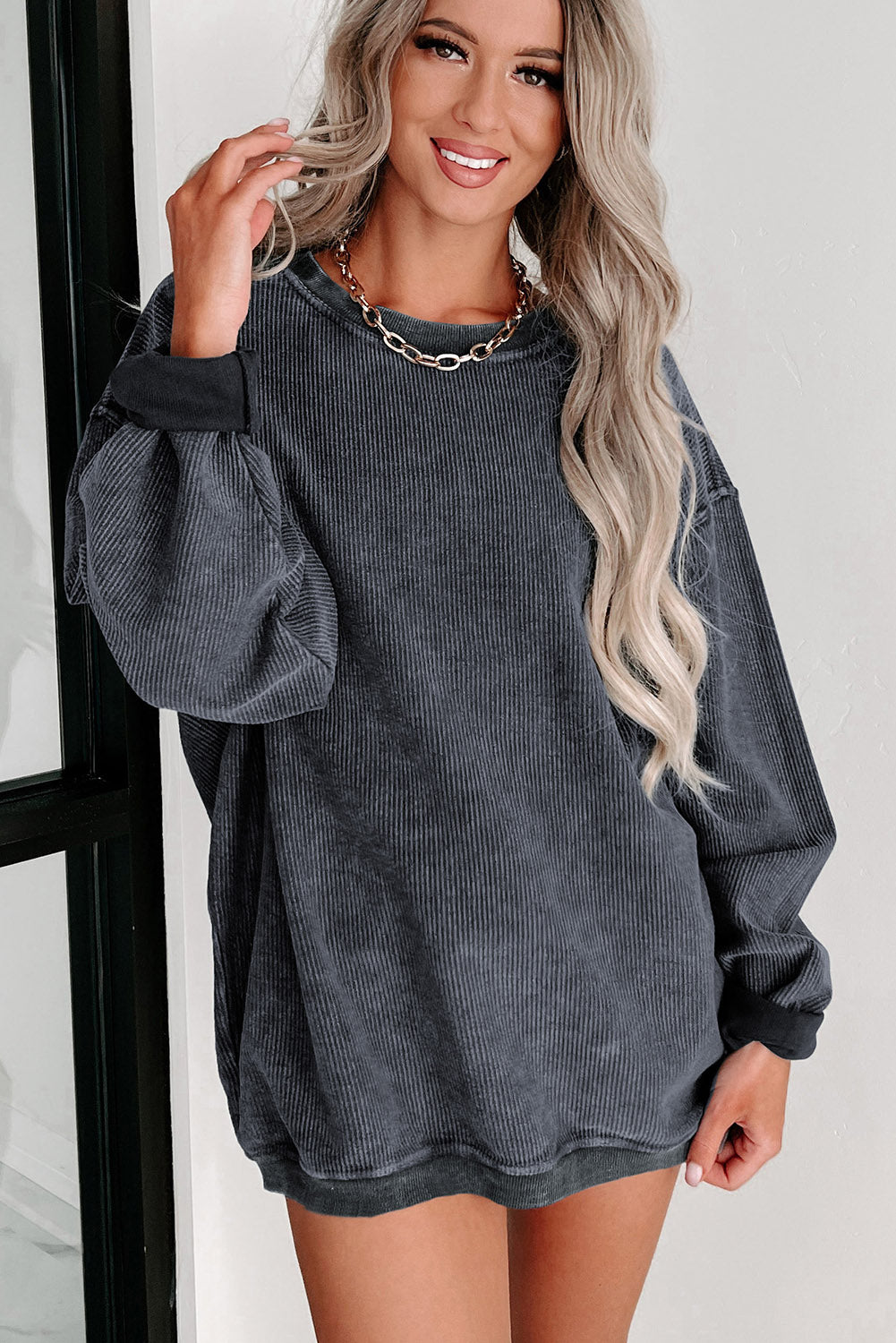 Khaki Solid Ribbed Knit Round Neck Pullover Sweatshirt