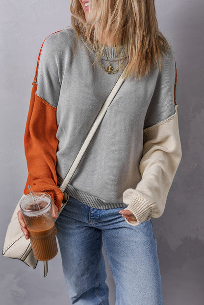 Coffee Colorblock Bishop Sleeve Ribbed Trim Sweater