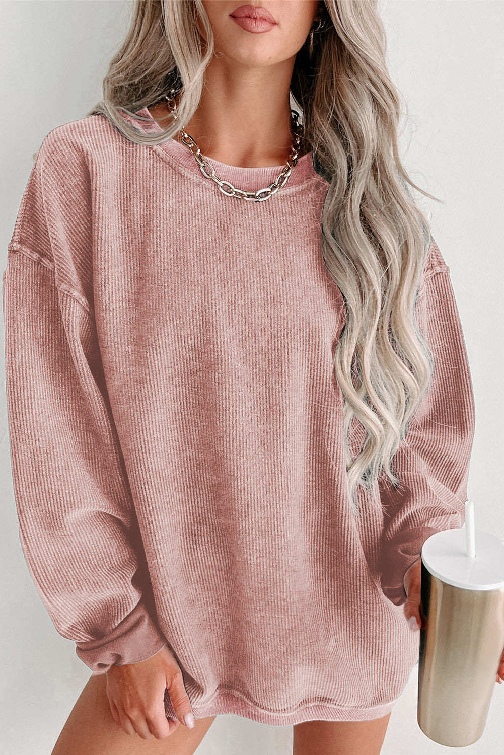 Khaki Solid Ribbed Knit Round Neck Pullover Sweatshirt