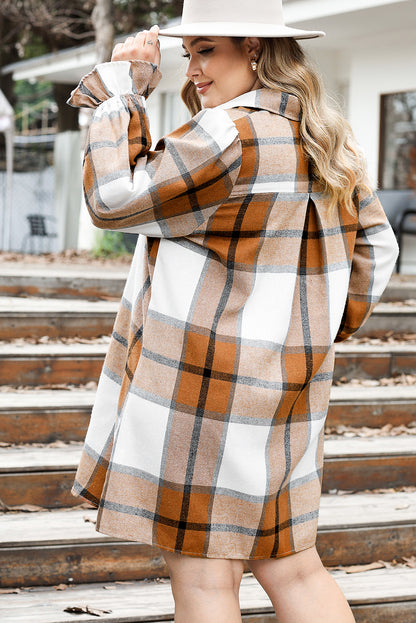 Khaki Plaid Pattern Collared Neck Ruffled Sleeve Shirt Dress