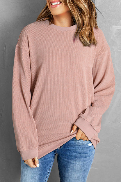 Khaki Solid Ribbed Knit Round Neck Pullover Sweatshirt