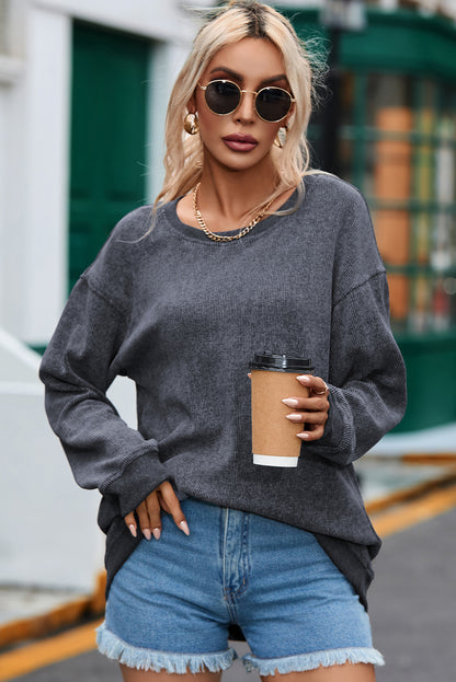 Khaki Solid Ribbed Knit Round Neck Pullover Sweatshirt