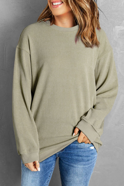 Khaki Solid Ribbed Knit Round Neck Pullover Sweatshirt