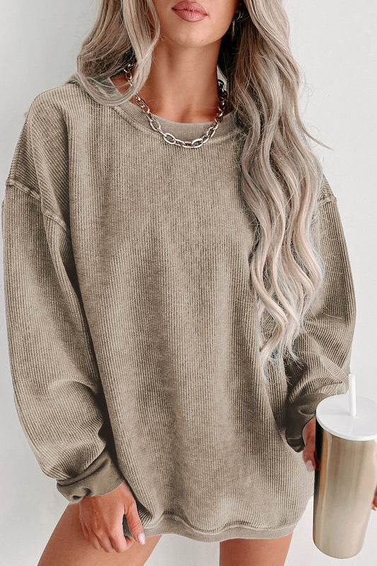 Khaki Solid Ribbed Knit Round Neck Pullover Sweatshirt