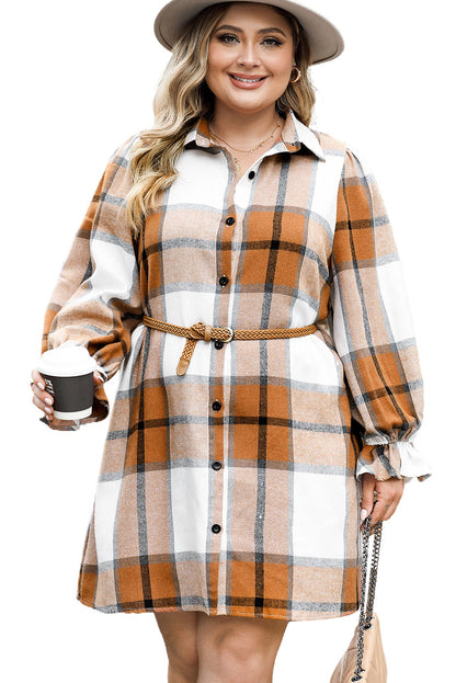 Khaki Plaid Pattern Collared Neck Ruffled Sleeve Shirt Dress