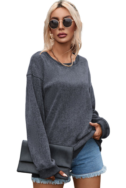 Khaki Solid Ribbed Knit Round Neck Pullover Sweatshirt