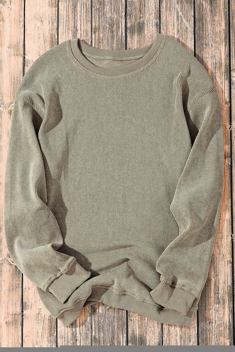 Khaki Solid Ribbed Knit Round Neck Pullover Sweatshirt