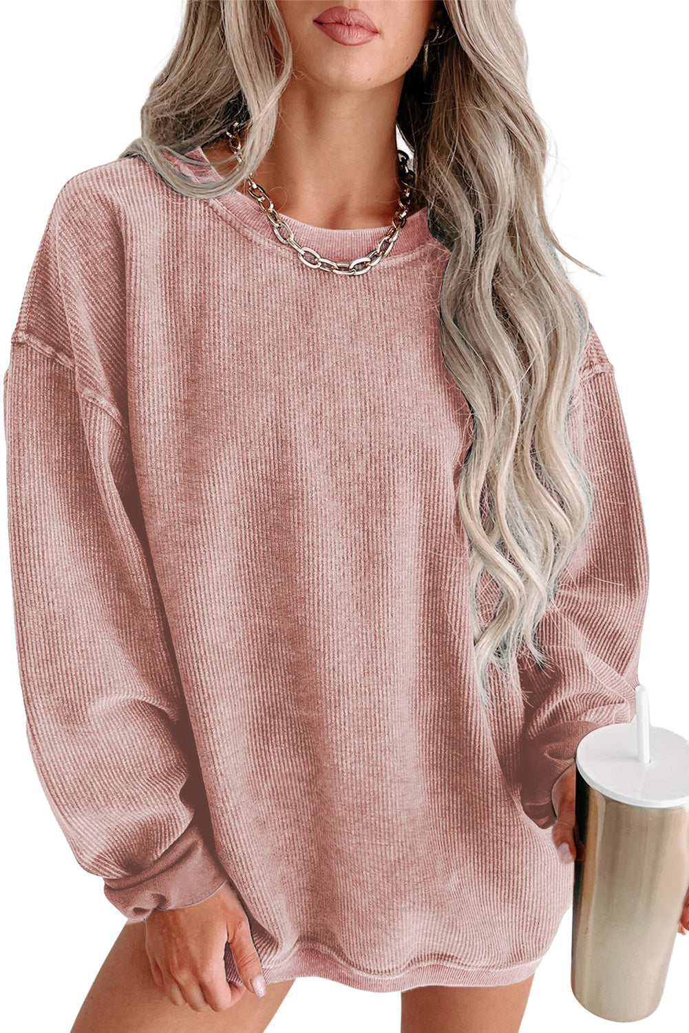 Khaki Solid Ribbed Knit Round Neck Pullover Sweatshirt