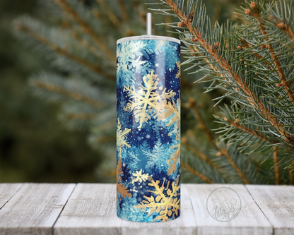 Blue Gold Snowflakes 20oz Stainless Steel Tumbler