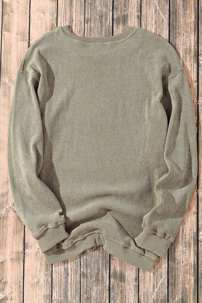 Khaki Solid Ribbed Knit Round Neck Pullover Sweatshirt