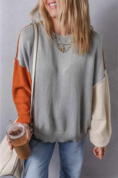 Coffee Colorblock Bishop Sleeve Ribbed Trim Sweater