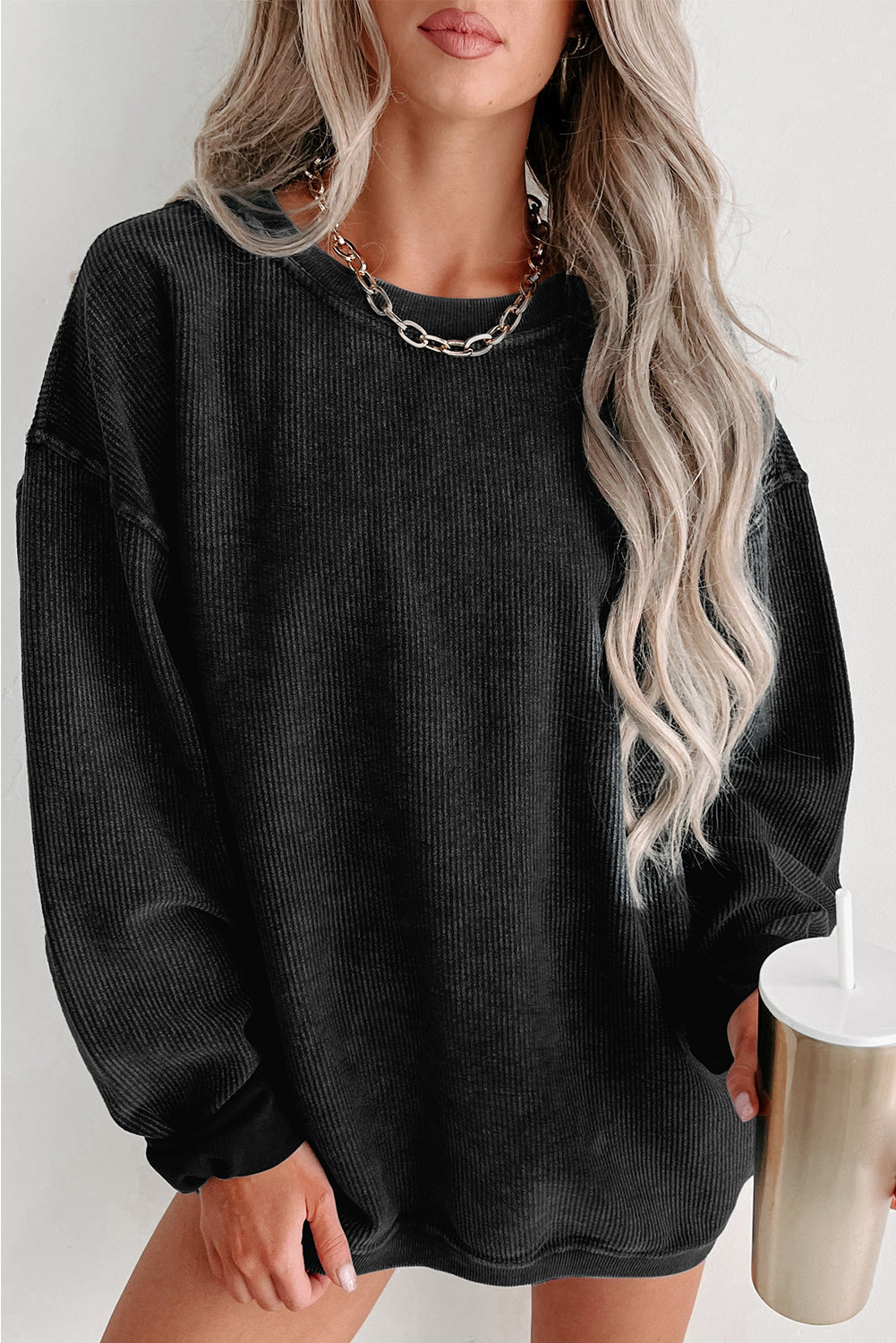 Khaki Solid Ribbed Knit Round Neck Pullover Sweatshirt