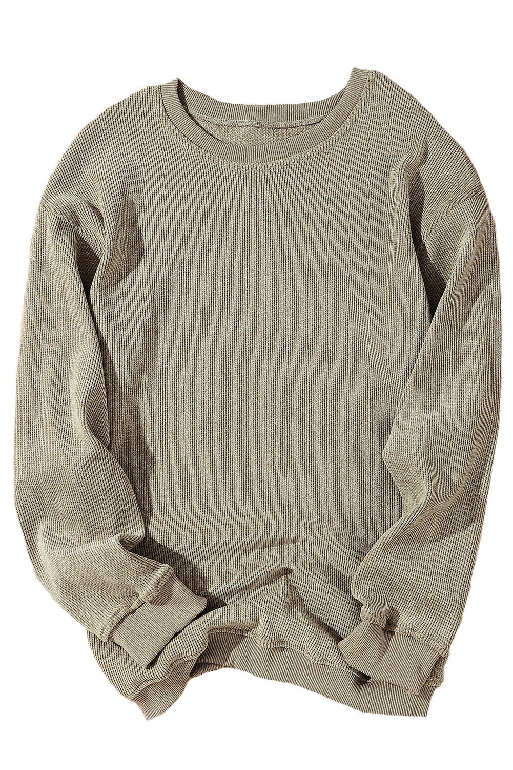 Khaki Solid Ribbed Knit Round Neck Pullover Sweatshirt