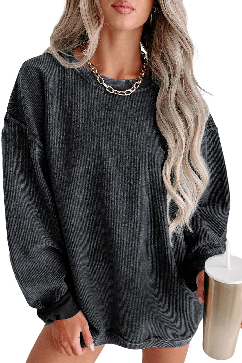 Khaki Solid Ribbed Knit Round Neck Pullover Sweatshirt