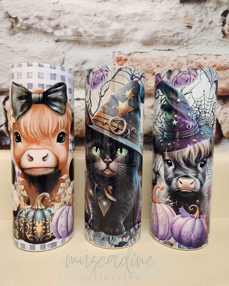 Fall/Halloween Animals 20oz Stainless Steel Tumblers, Halloween Cat, Halloween Cow