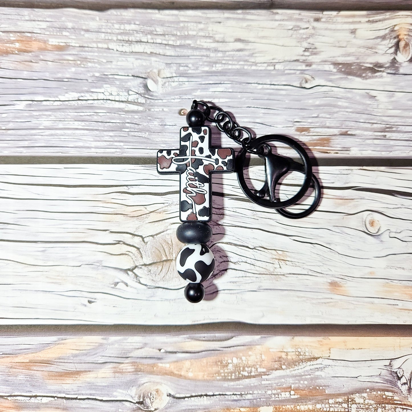 Western Gift For Her, Cow Print, Cross Keychain, Faith Cross, Faith Based Keychain, Farm Girl, Beaded Keychain, Silicone, Christian Gift