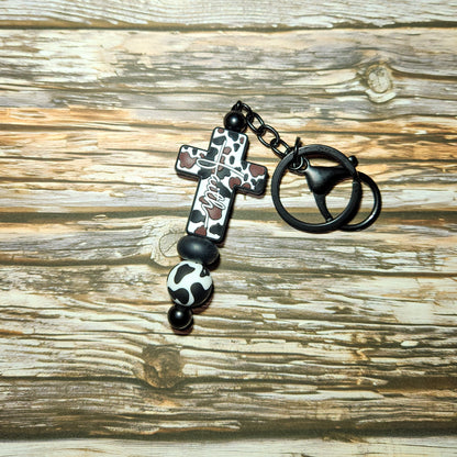 Western Gift For Her, Cow Print, Cross Keychain, Faith Cross, Faith Based Keychain, Farm Girl, Beaded Keychain, Silicone, Christian Gift