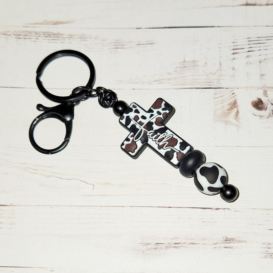 Western Gift For Her, Cow Print, Cross Keychain, Faith Cross, Faith Based Keychain, Farm Girl, Beaded Keychain, Silicone, Christian Gift