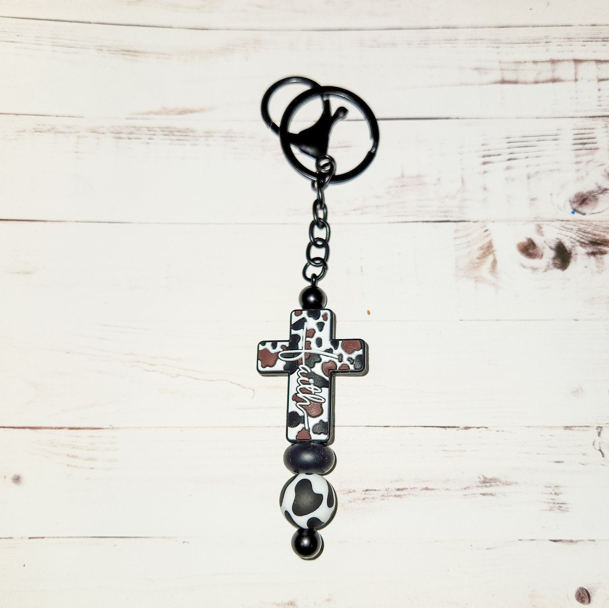 Western Gift For Her, Cow Print, Cross Keychain, Faith Cross, Faith Based Keychain, Farm Girl, Beaded Keychain, Silicone, Christian Gift