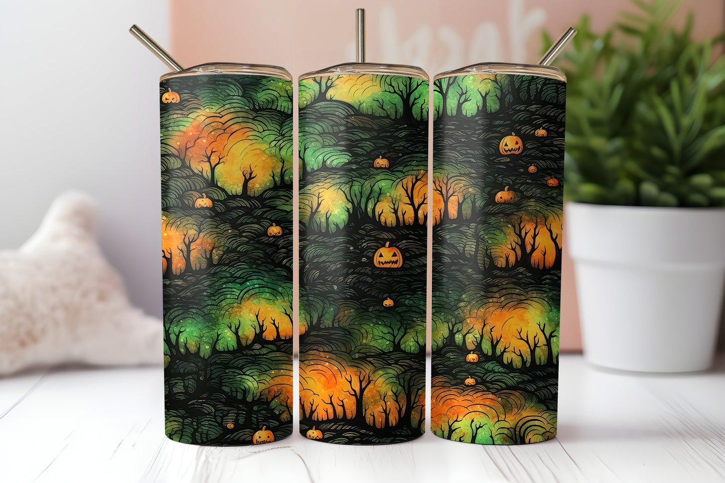 Personalized Halloween Tumbler, 20oz Stainless Steel Tumbler, Spooky Pumpkins, Witchy Gift, Gift For Her, Haunted Forest, Spooky Gift