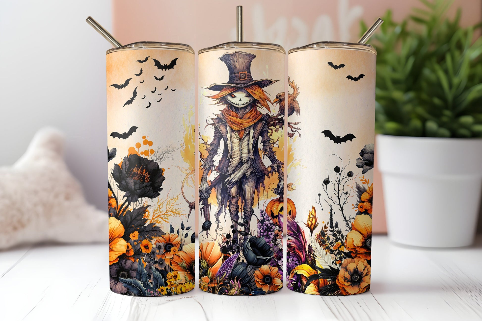 Personalized Halloween Tumbler, 20oz Stainless Steel Tumbler, Scarecrow, Halloween Gift, Witchy Gift, Gift For Her, Spooky Gift, Floral