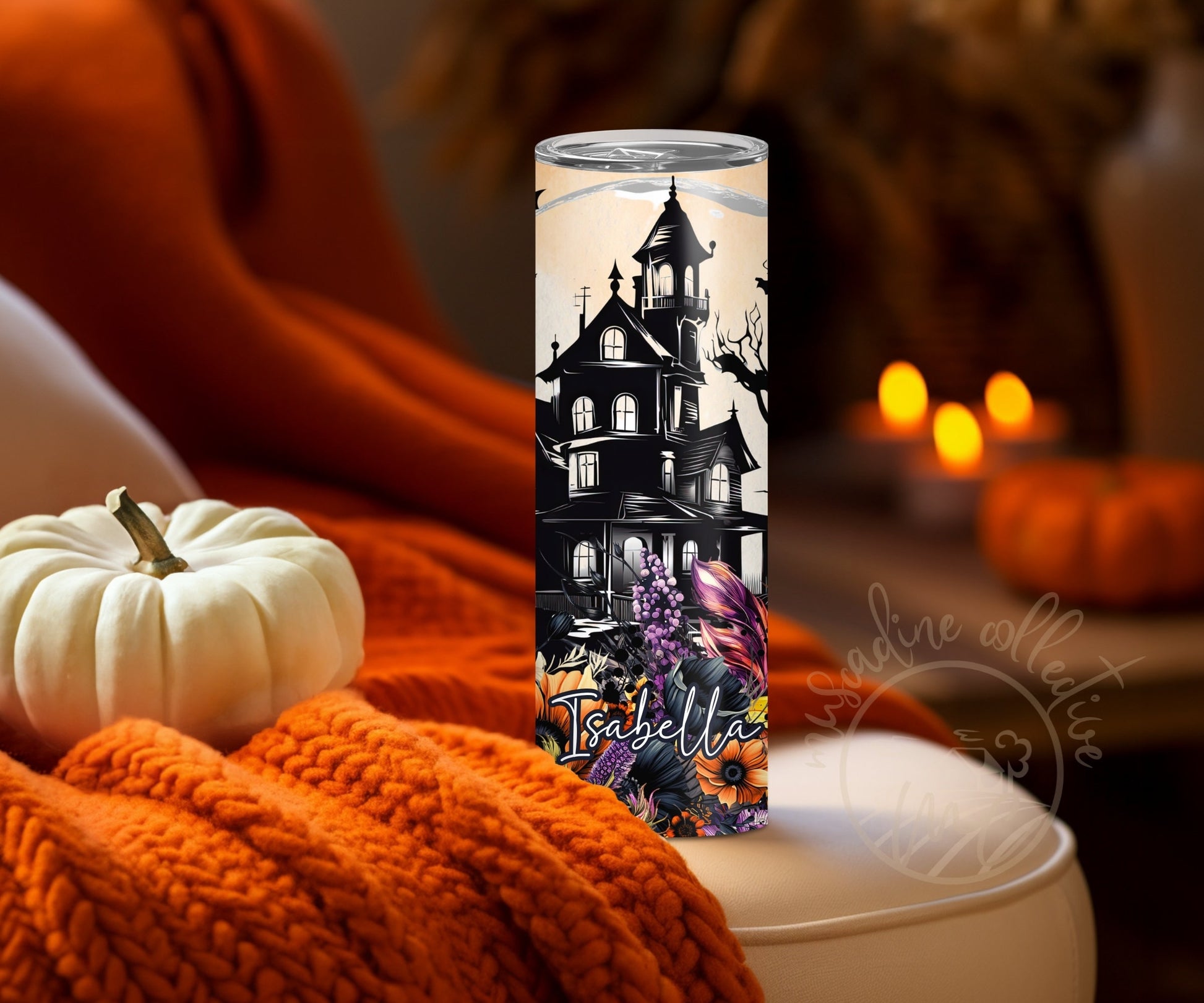 Personalized Halloween Tumbler, 20oz Stainless Steel Tumbler, Floral Haunted House, Witchy Gift, Gift For Her, Haunted Forest, Spooky Gift