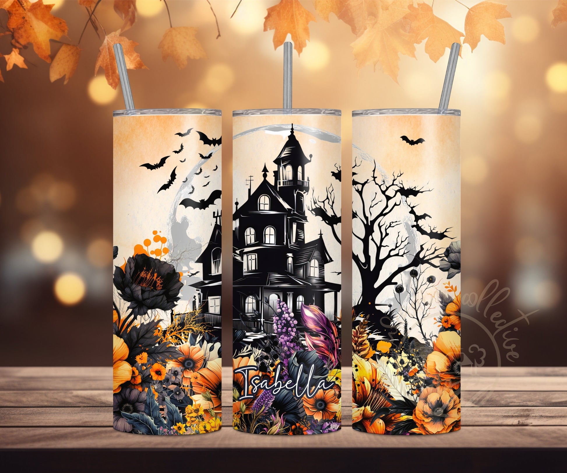 Personalized Halloween Tumbler, 20oz Stainless Steel Tumbler, Floral Haunted House, Witchy Gift, Gift For Her, Haunted Forest, Spooky Gift