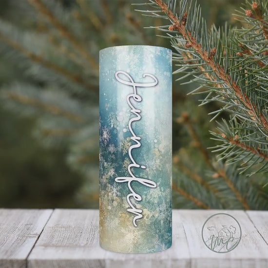 20oz Personalized Tumbler With Lid and Straw, Snowflake Tumbler, Blue Winter Wonderland, Tumbler Gift, Christmas Gift, Blue Gold, Blue Snow