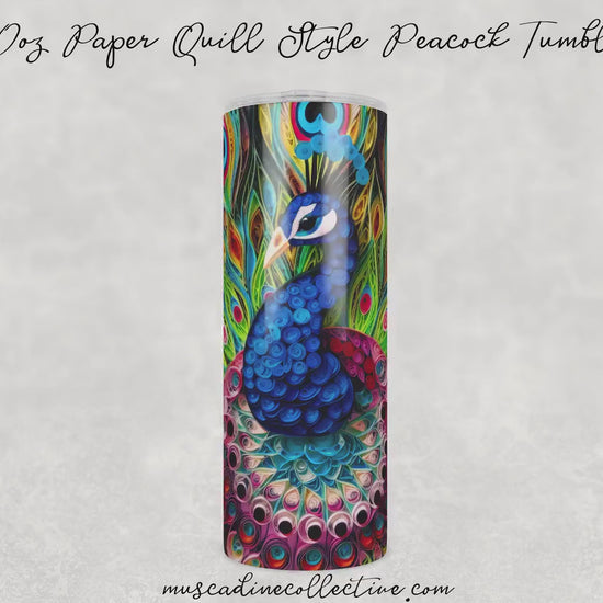 Paper Quill Peacock Tumbler, 20oz  Skinny Tumbler, Cottagecore, Stainless Steel, Peacock Gift, Coffee Tumbler, Exotic Birds, Farm Tumbler