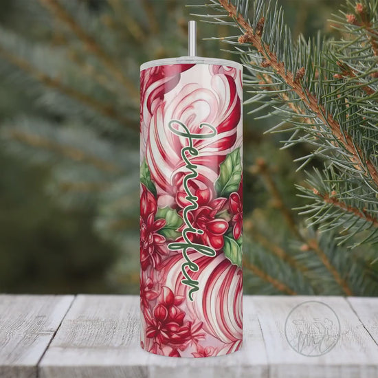 20oz Personalized Tumbler With Lid and Straw, Christmas Candy Cane Tumbler, Christmas Gift For Her, Coffee Tumbler Personalized, Drinkware