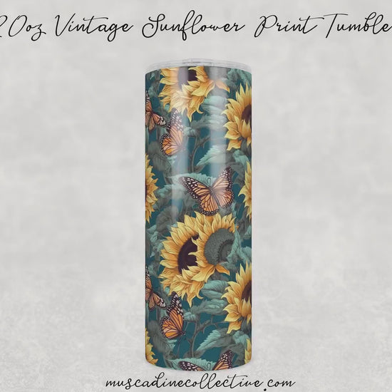 Sunflowers and Butterflies Tumbler, 20oz Skinny, Cottagecore Floral Coffee Tumbler, Mother's Day Gift, Gift For Gardener, Vintage Print