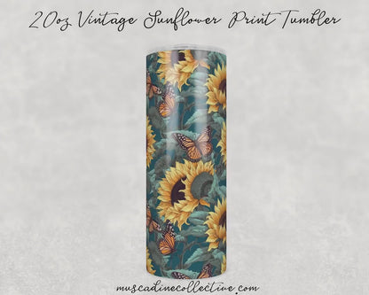 Sunflowers and Butterflies Tumbler, 20oz Skinny, Cottagecore Floral Coffee Tumbler, Mother's Day Gift, Gift For Gardener, Vintage Print