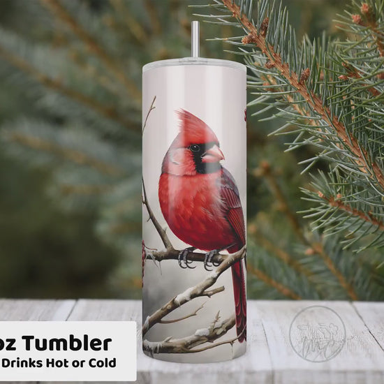 Winter Cardinal Tumbler With Straw, 20oz Coffee Tumbler, Red Cardinal Gifts, Cardinal Mug, Gift For Mom, Best Friend Gift, Gift Under 30