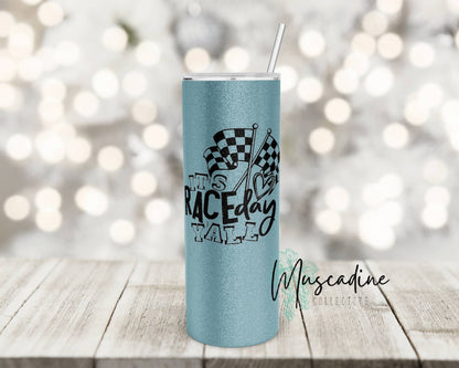 It's Race Day Y'all 20oz Skinny Straight Tumbler, Shimmer Tumbler, Hot or Cold Drinks, Sublimated Printed Coffee Tumbler, NO EPOXY