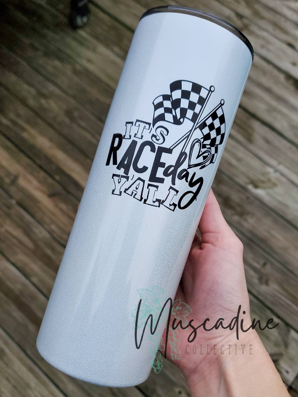 It's Race Day Y'all 20oz Skinny Straight Tumbler, Shimmer Tumbler, Hot or Cold Drinks, Sublimated Printed Coffee Tumbler, NO EPOXY