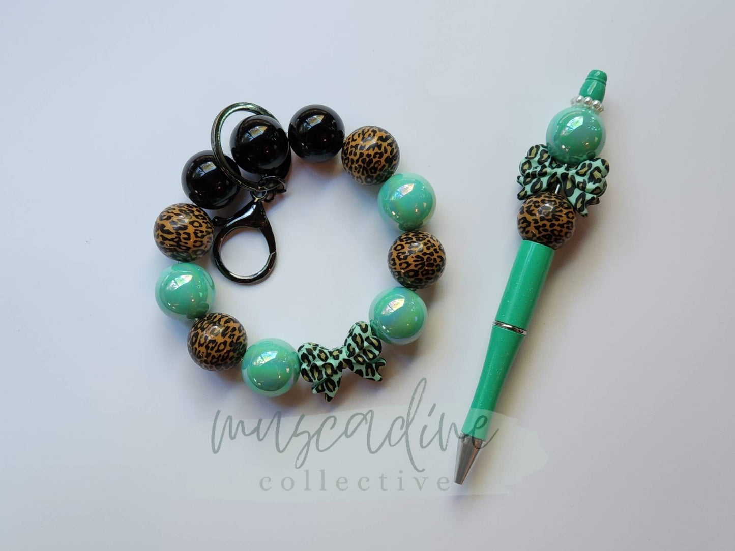 Leopard and Mint Bow Wristlet and Pen Set