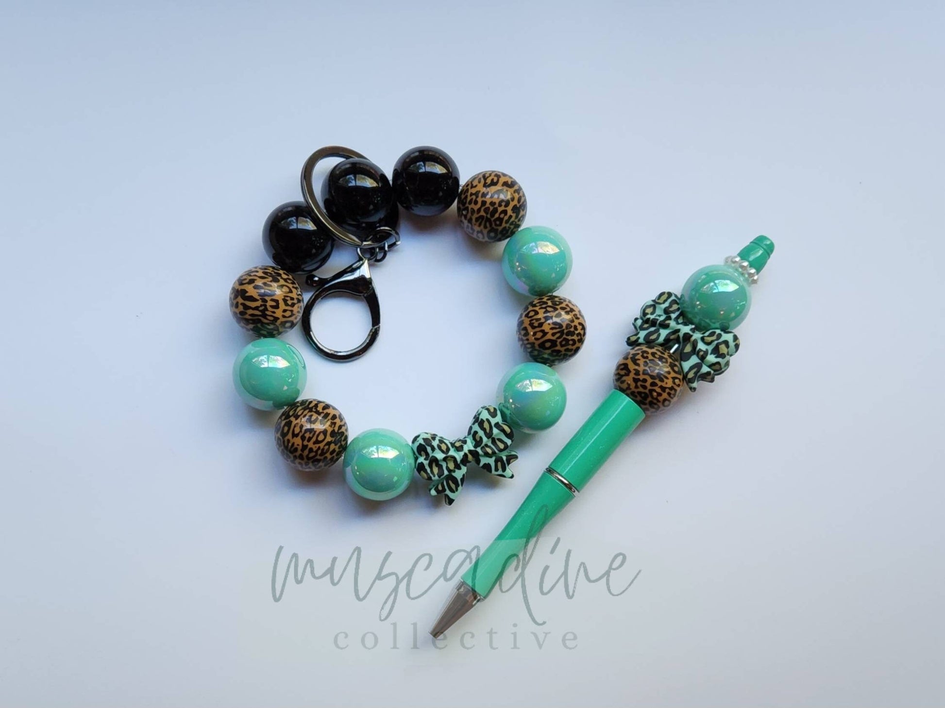 Leopard and Mint Bow Wristlet and Pen Set