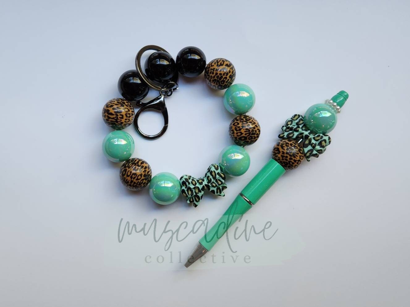 Leopard and Mint Bow Wristlet and Pen Set