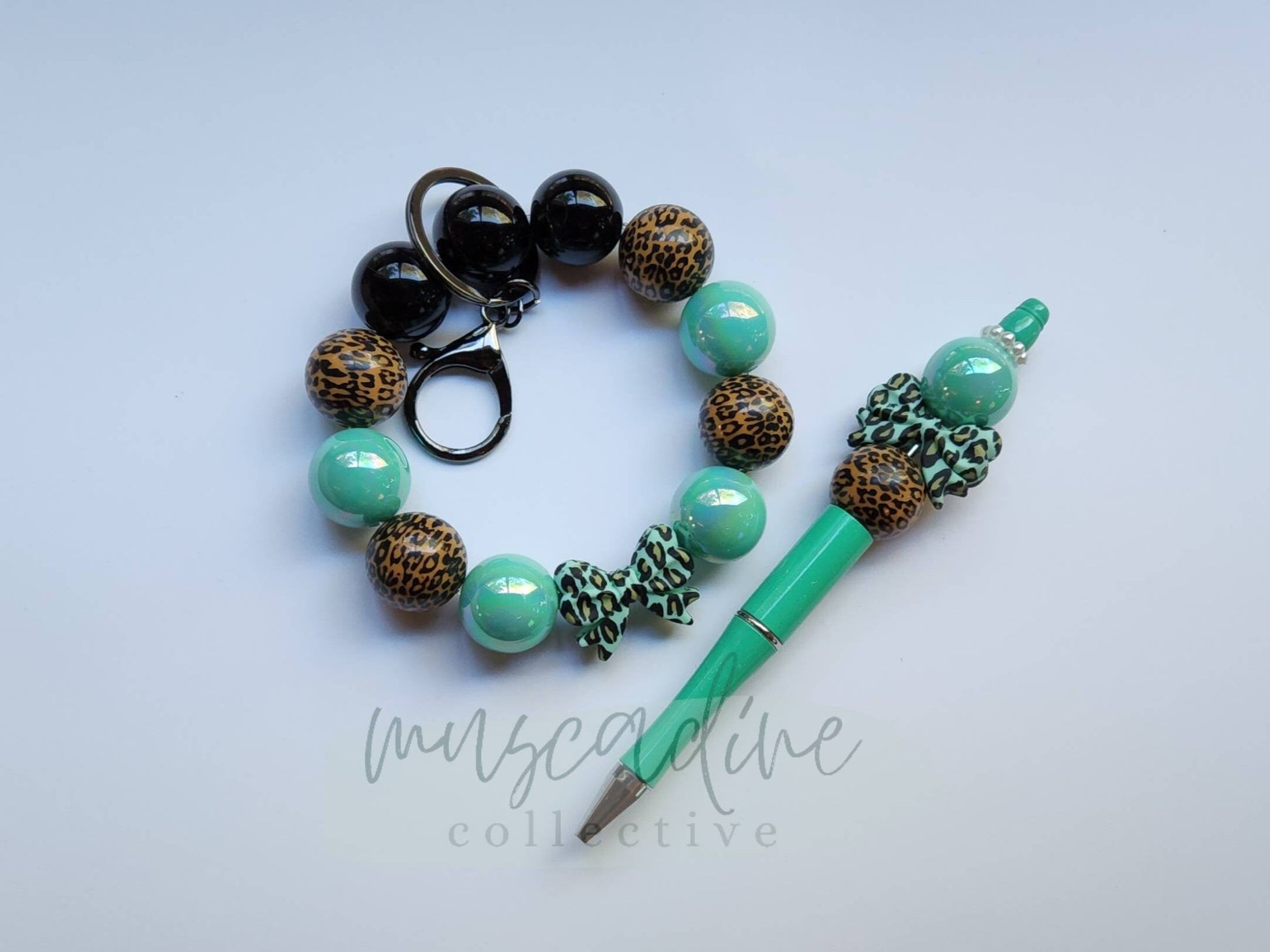 Leopard and Mint Bow Wristlet and Pen Set