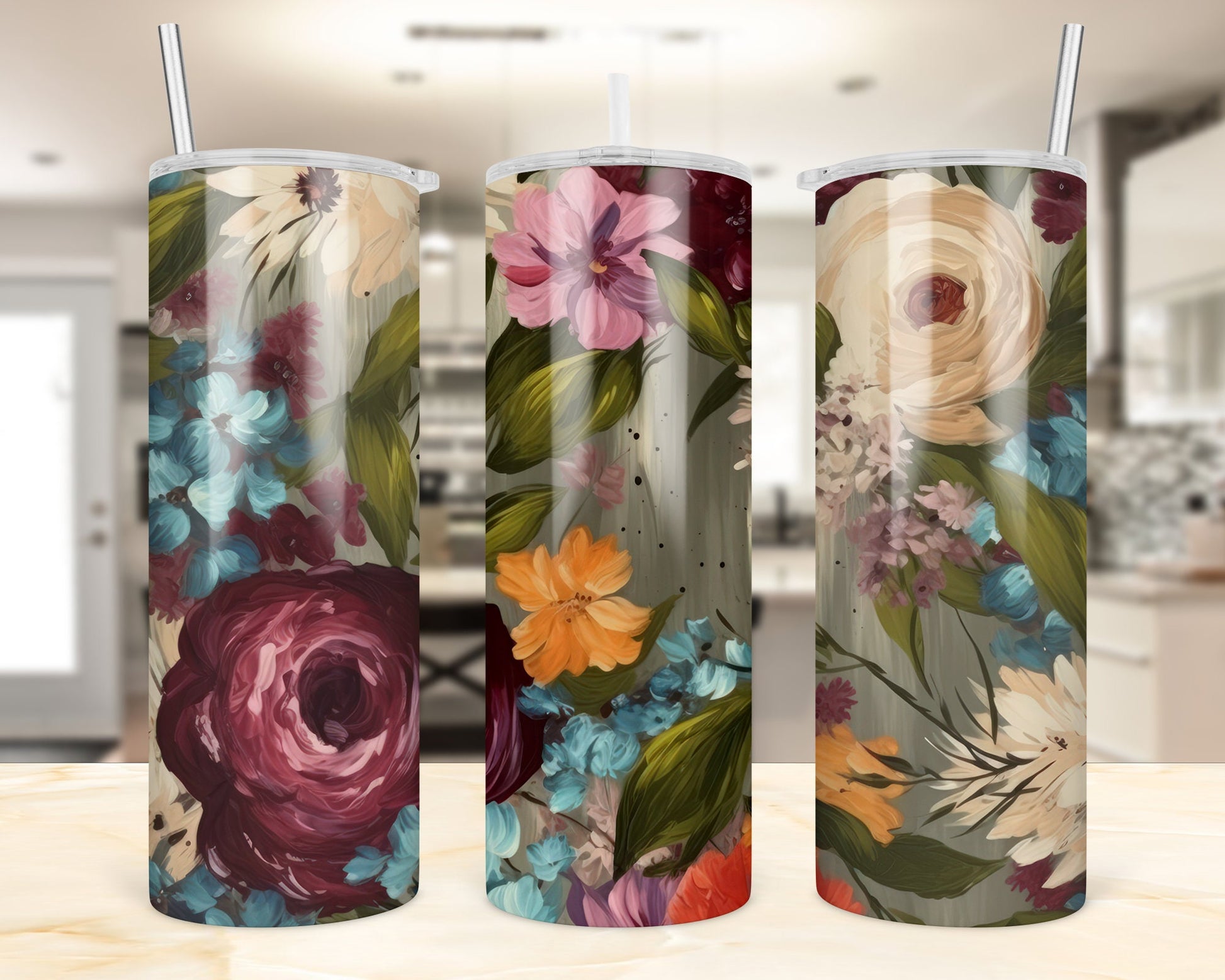 Vintage Flowers 20oz Tumbler, Straight, Skinny, Mother's Day Gift, Shimmer Tumbler, Hot or Cold Drinks, Sublimated Printed Coffee Tumbler