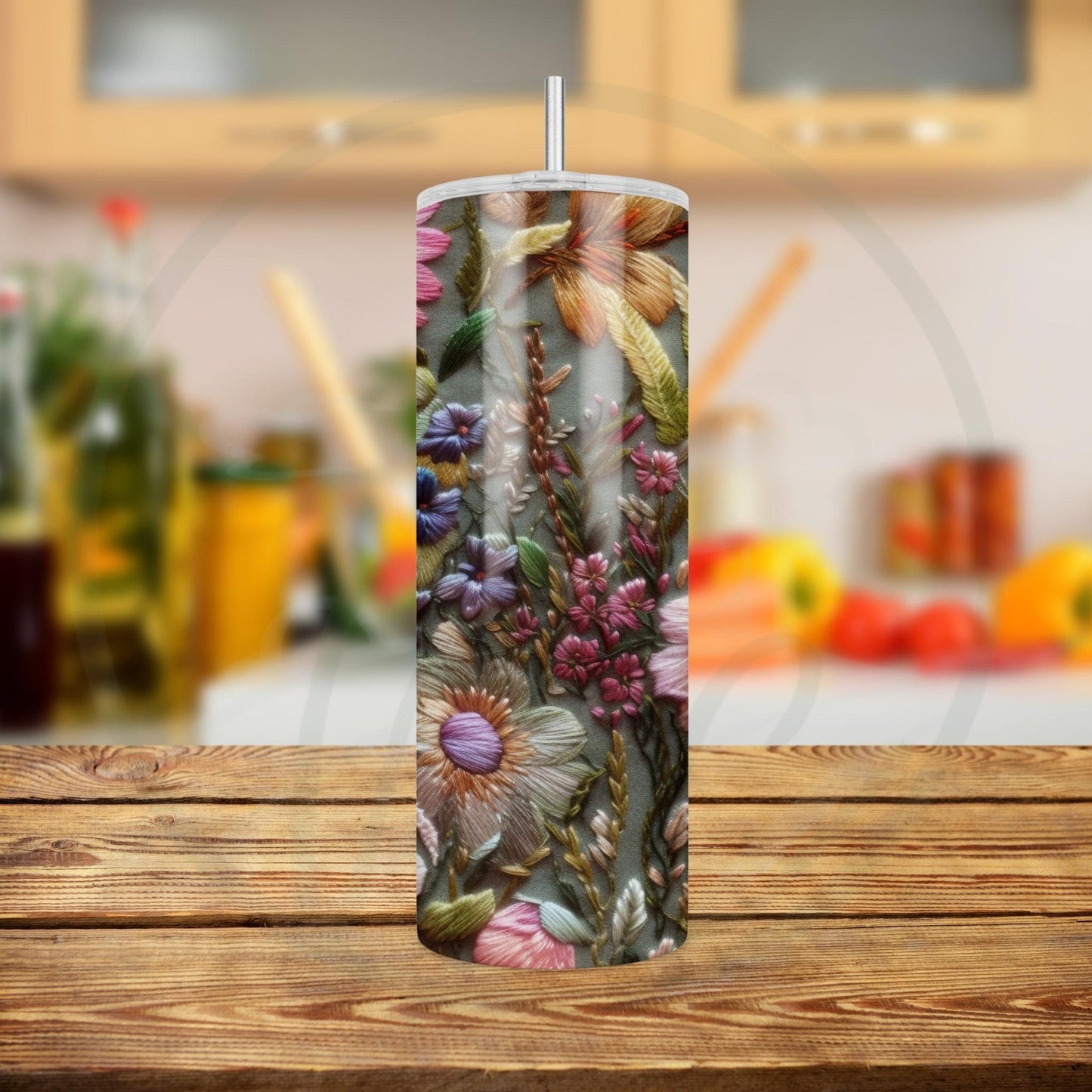 Embroidered Wildflowers, Pink and Sage 20oz Tumbler, Cottagecore Floral Coffee Tumbler, Mother's Day Gift, Spring Flowers, Gift for Gardener