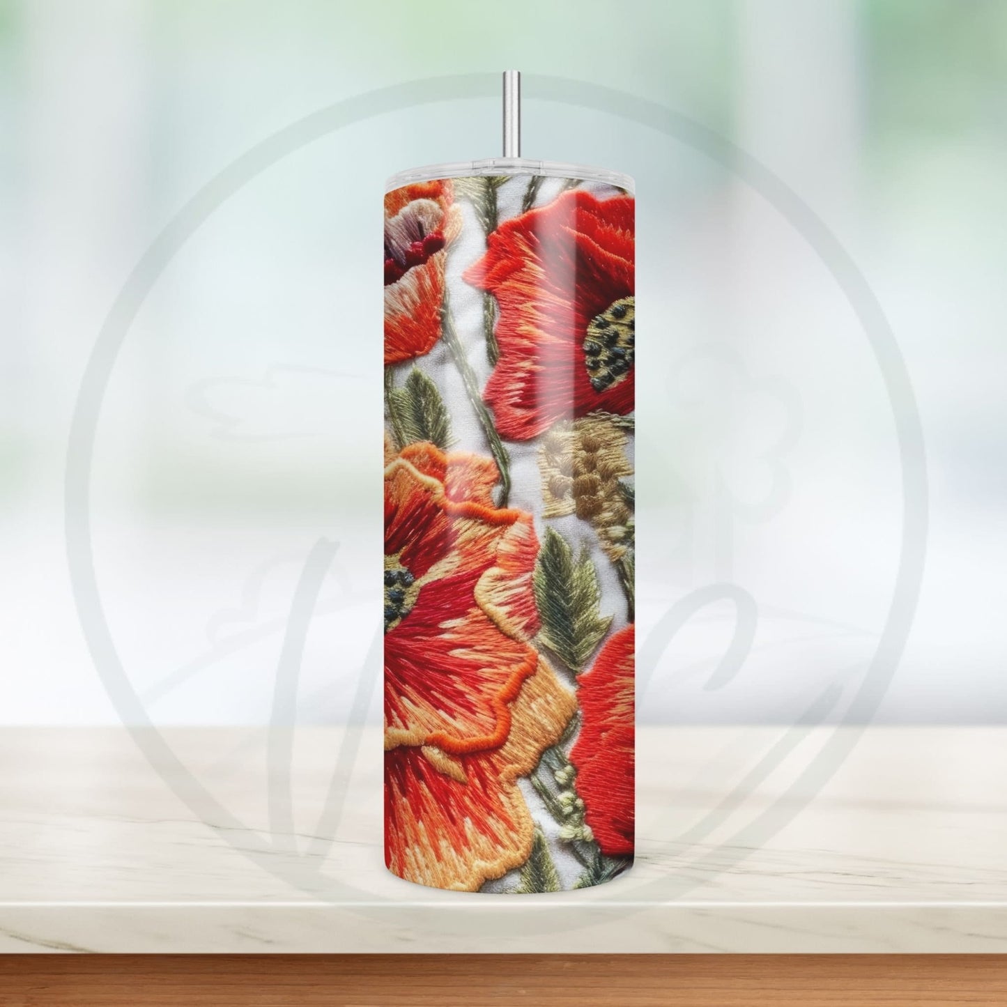 Embroidered Wildflowers, Red Poppies 20oz Tumbler, Cottagecore Floral Coffee Tumbler, Mother's Day Gift, Spring Flowers, Gift for Gardener