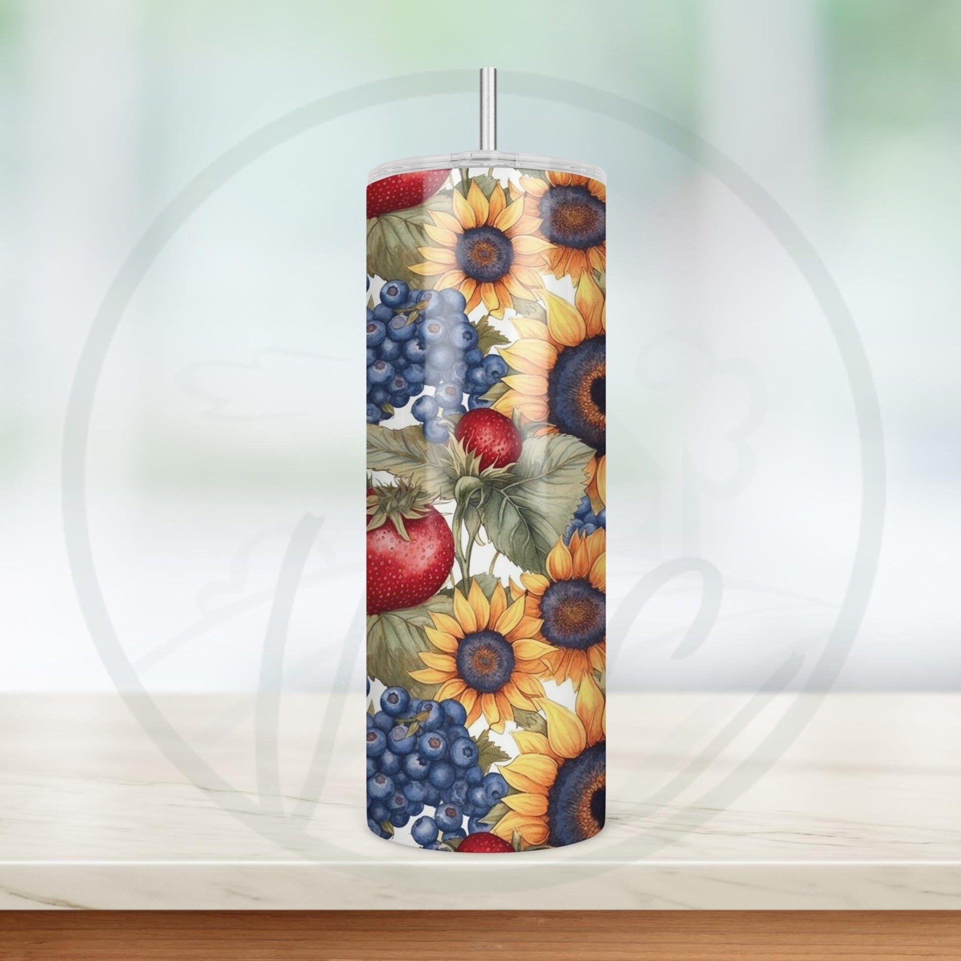 Sunflowers and Berries, Sunflowers Strawberries Blueberries 20oz Tumbler, Cottagecore Coffee Tumbler, Mother's Day Gift, Spring Tumbler