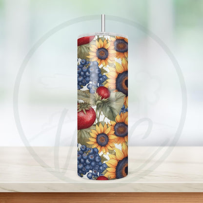 Sunflowers and Berries, Sunflowers Strawberries Blueberries 20oz Tumbler, Cottagecore Coffee Tumbler, Mother's Day Gift, Spring Tumbler